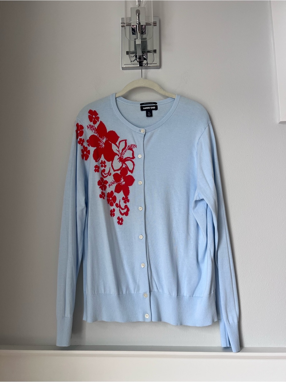 Lands' End Pale Blue Cardigan with Red Floral Detail